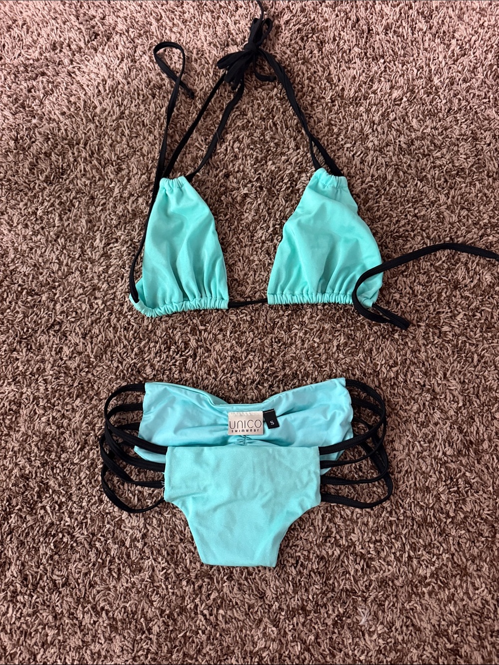 Aqua Triangle Bikini with Black Straps
